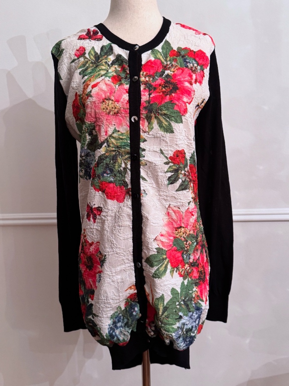 D&G Dolce & Gabbana Floral Panel Cardigan Black Sleeves Bubble Hem Fits S/M